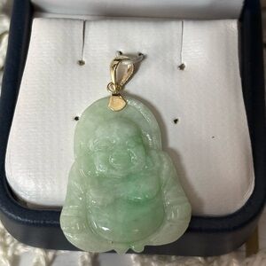 Serene Jade Smiling Buddha Pendant with 14K Gold Bail